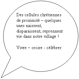 Bulle ronde: Des cellules chrtiennes de proximit  quelques unes naissent, disparaissent, reprennent vie dans notre village !

Vivre  croire - clbrer
