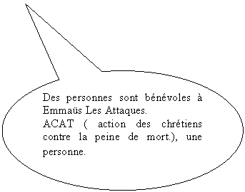 Bulle ronde: Des personnes sont bnvoles  Emmas Les Attaques.
ACAT ( action des chrtiens contre la peine de mort.), une personne.
