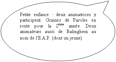 Bulle ronde: Petite enfance : deux animatrices y participent. Graines de Paroles en route pour la 2me anne. Deux animateurs aussi de Balinghem au nom de l'E.A.P. (dont un jeune).